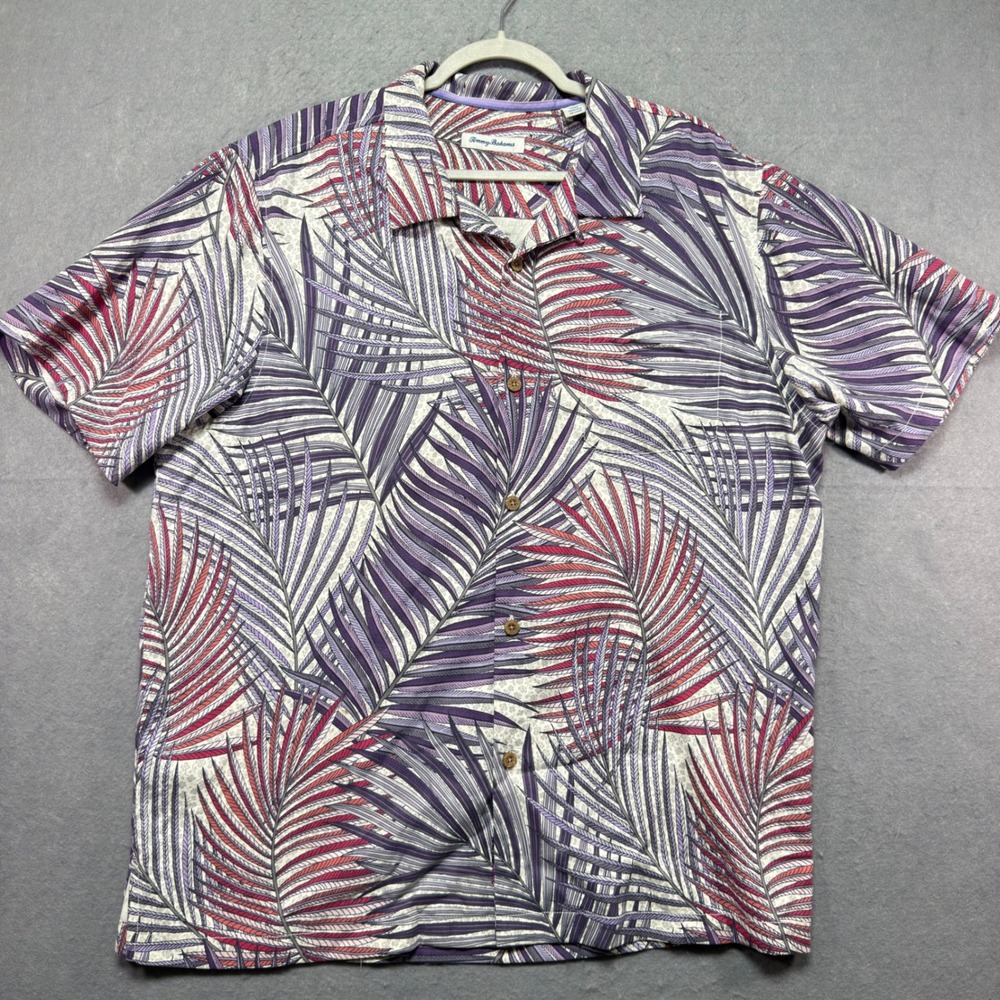 Tommy Bahama IslandZone Mens XL Silk Blend Palm Leaf Print Camp Shirt Purple Red